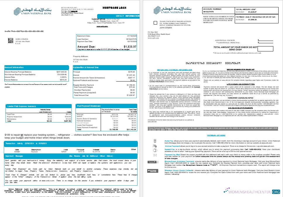 UAE Abu Dhabi Union National bank mortgage loan statement in Word and PDF formats , 8 pages 1 2
